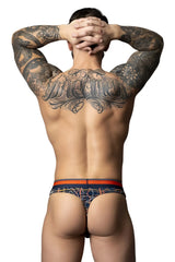 Male power 412-299 soo cumfy thong in navy and orange with intricate patterns designed for comfortable wear