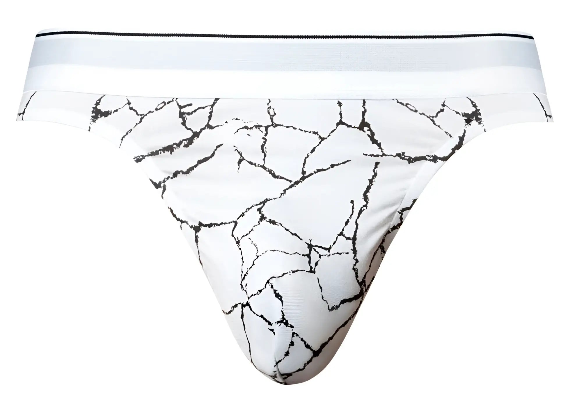 Male power 412-299 soo cumfy thong in white with black cracked marble pattern and solid white waistband front view