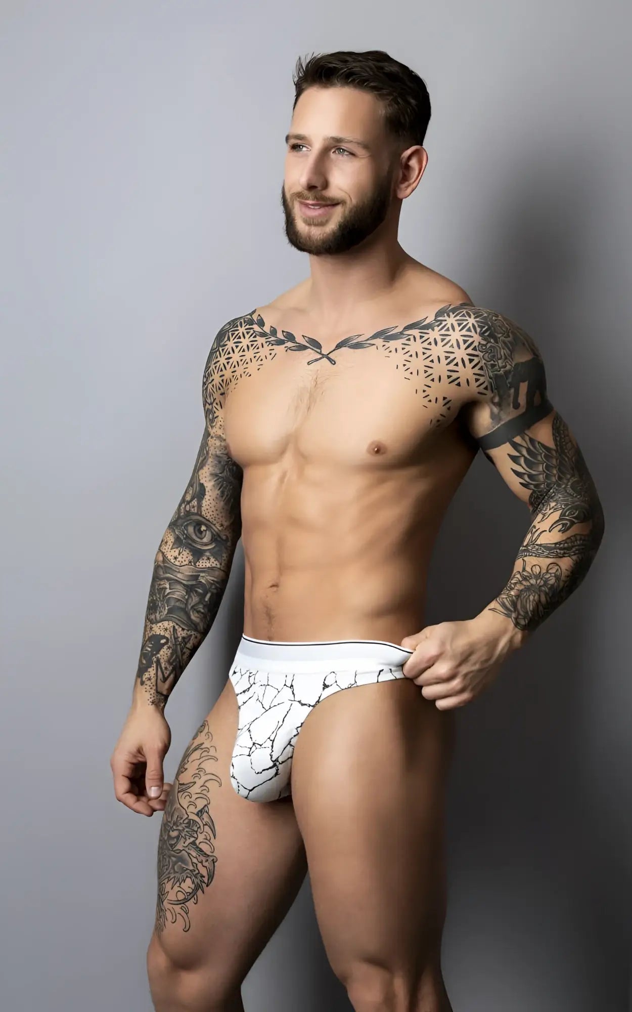 Male power 412-299 soo cumfy thong white briefs with black crackle pattern soft fabric and comfortable fit