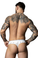 White-black male power 412-299 soo cumfy thong with black crackle pattern design on white briefs front side