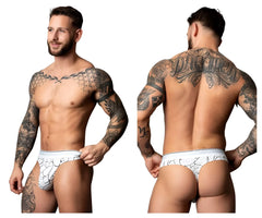 White-black male power 412-299 soo cumfy thong white briefs with black crackle pattern design front view