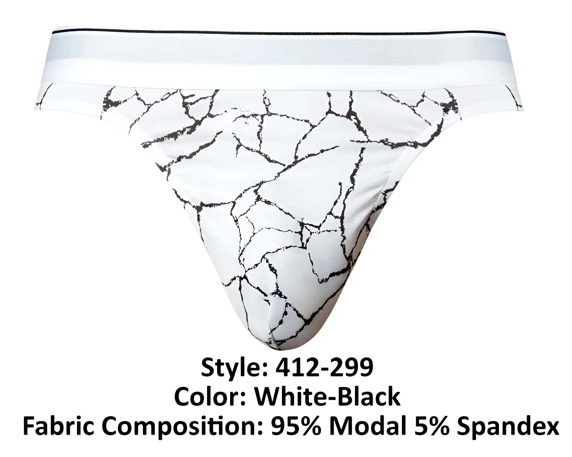 Male power 412-299 soo cumfy white and black crackled marble-patterned briefs made of 95% modal and 5% spandex