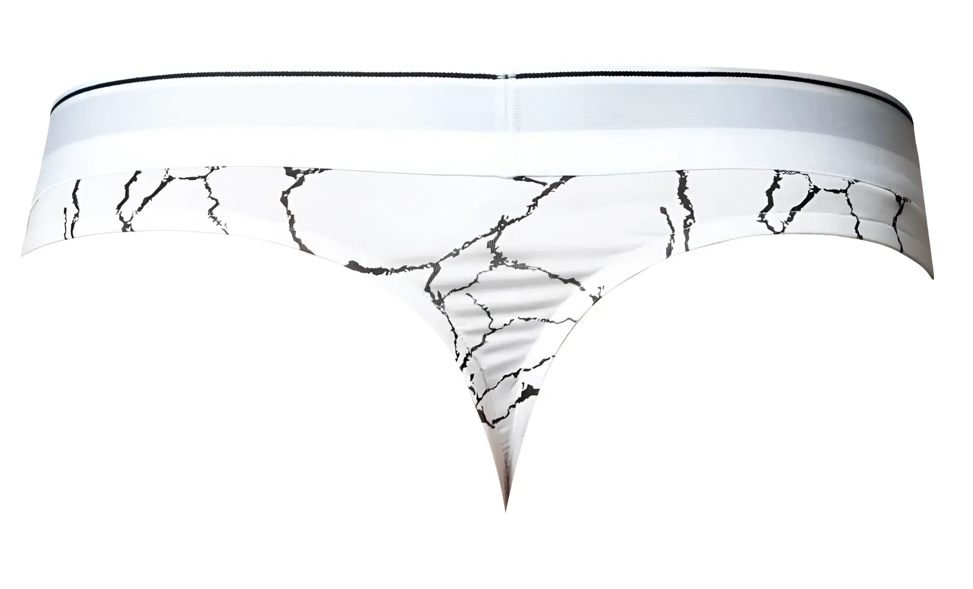 Male power 412-299 soo cumfy thong in white with black marble crack pattern and solid white waistband