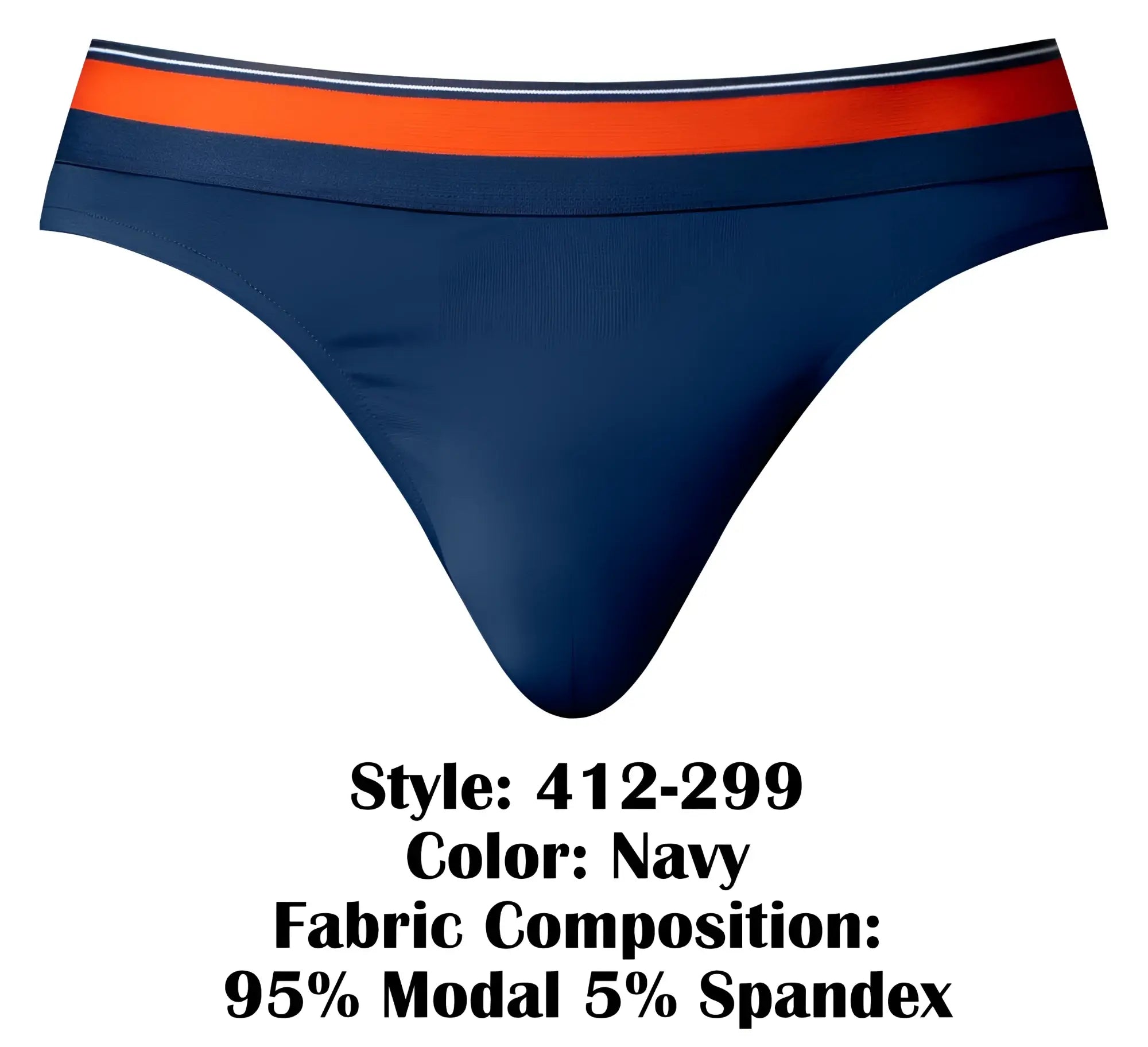 Male power 412-299 soo cumfy thong in navy with bold orange and white striped waistband made of 95% modal 5% spandex