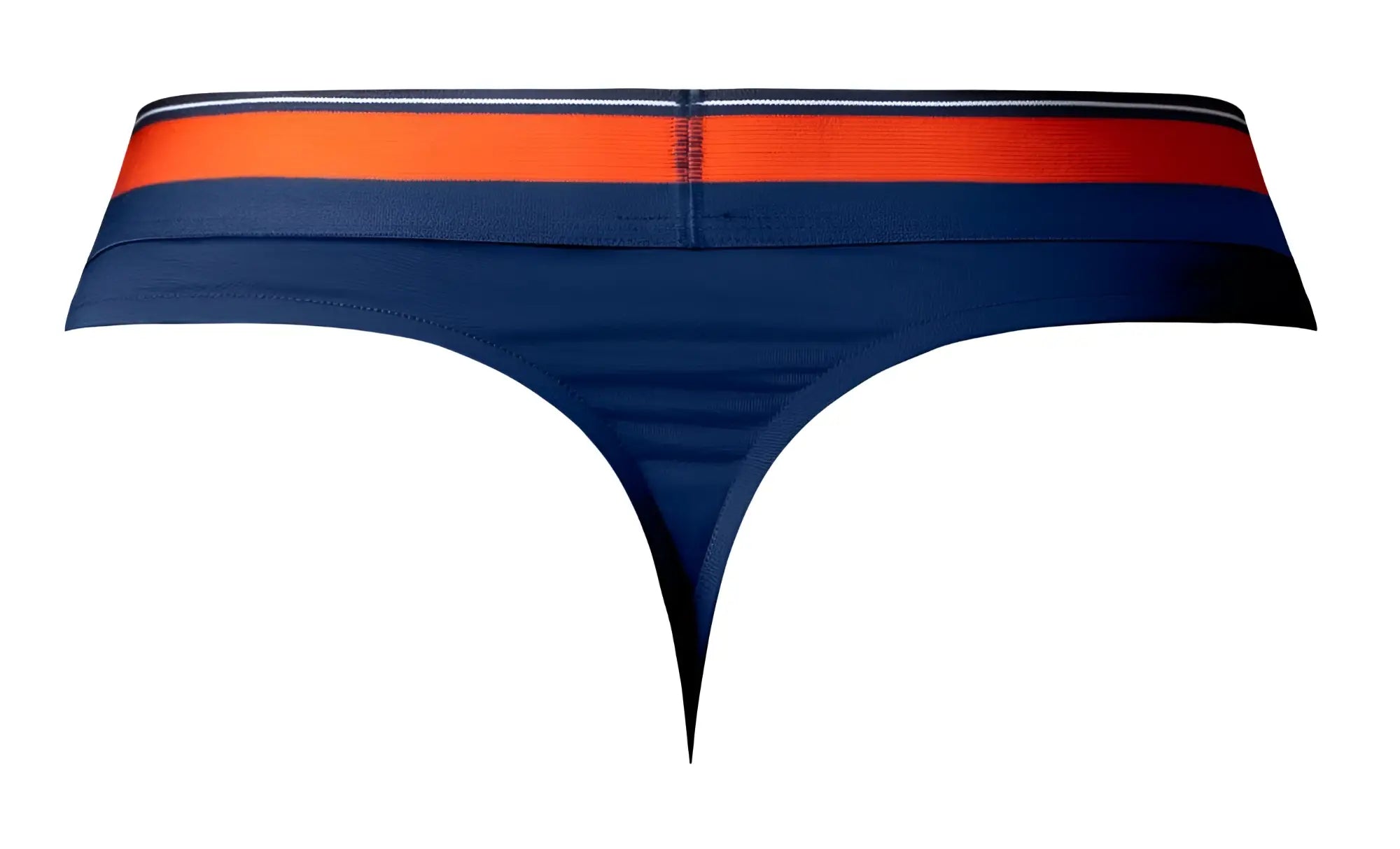 Navy blue Male Power 412-299 Soo Cumfy thong with bold orange and white striped waistband shown from the back side