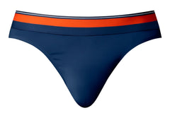 Navy blue thong with bold orange and navy striped waistband from male power 412-299 soo cumfy thongs collection