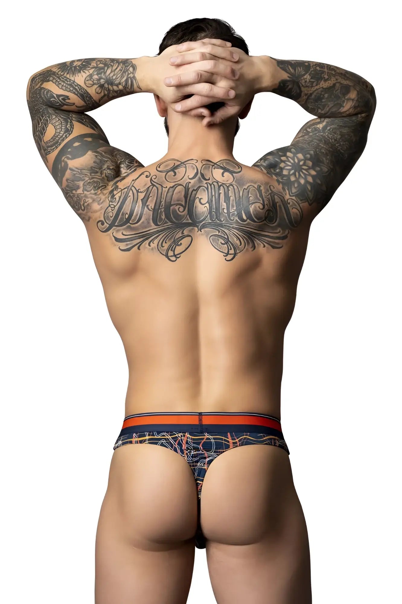 Men’s navy blue and orange patterned briefs with intricate designs from male power soo cumfy thongs color navy