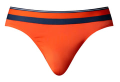 Male power 412-299 soo cumfy thongs in bright orange with navy blue waistband and thin white stripe accents