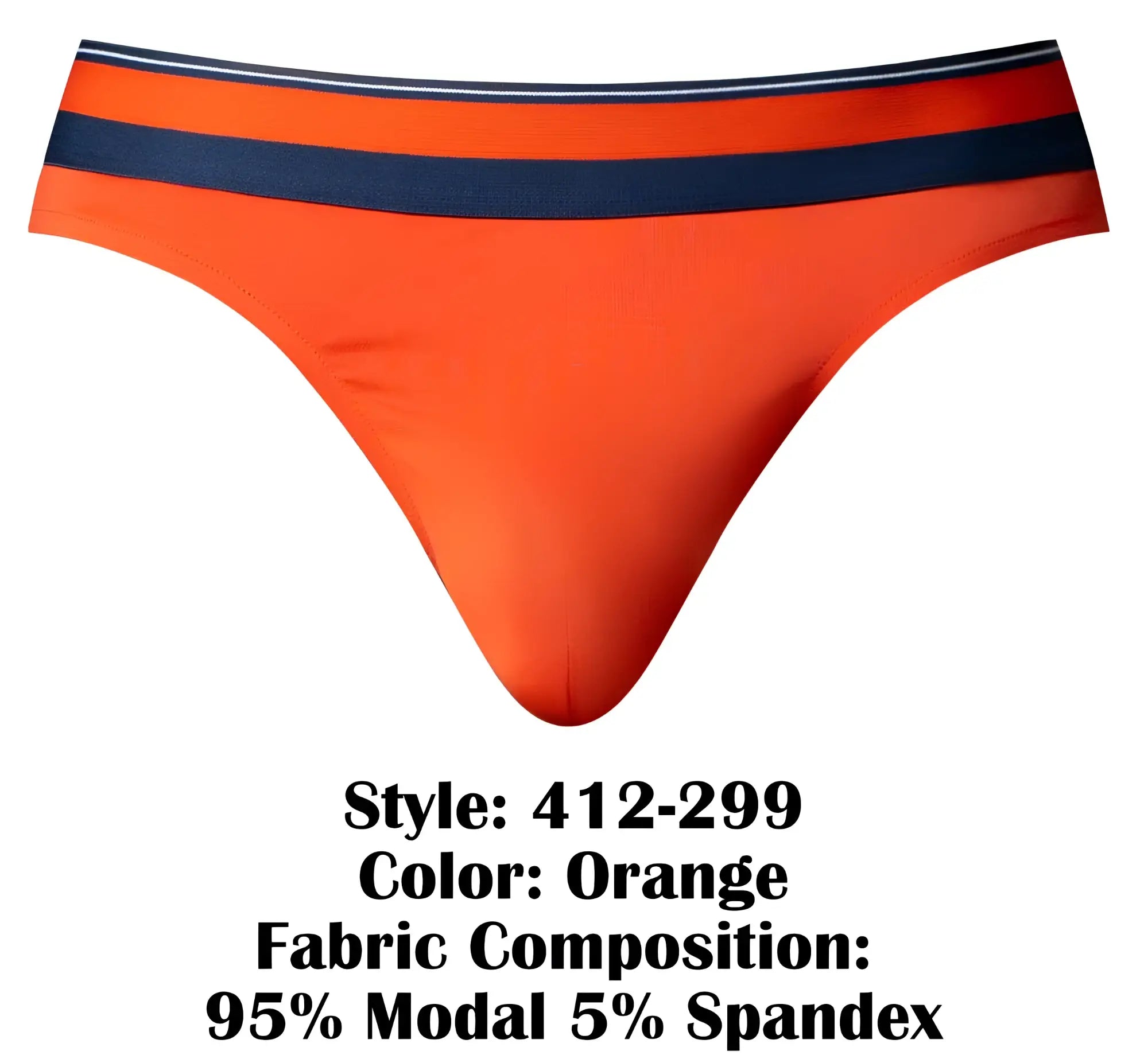 Male power 412-299 soo cumfy thong in bright orange with navy blue and white striped waistband made from modal and spandex