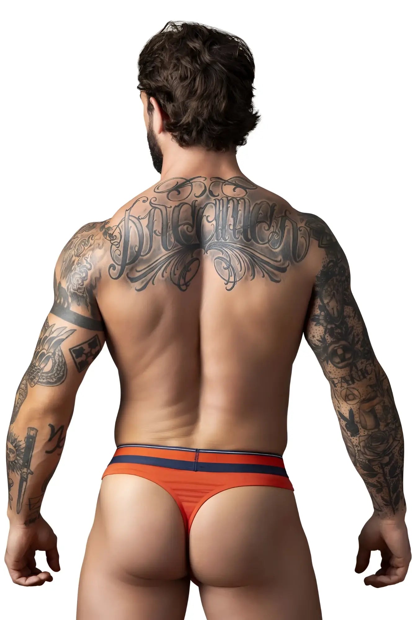 Male power 412-299 soo cumfy thongs orange men’s briefs with navy blue stripes and a snug fit