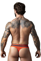 Male power 412-299 soo cumfy thongs orange men’s briefs with navy blue stripes and a snug fit