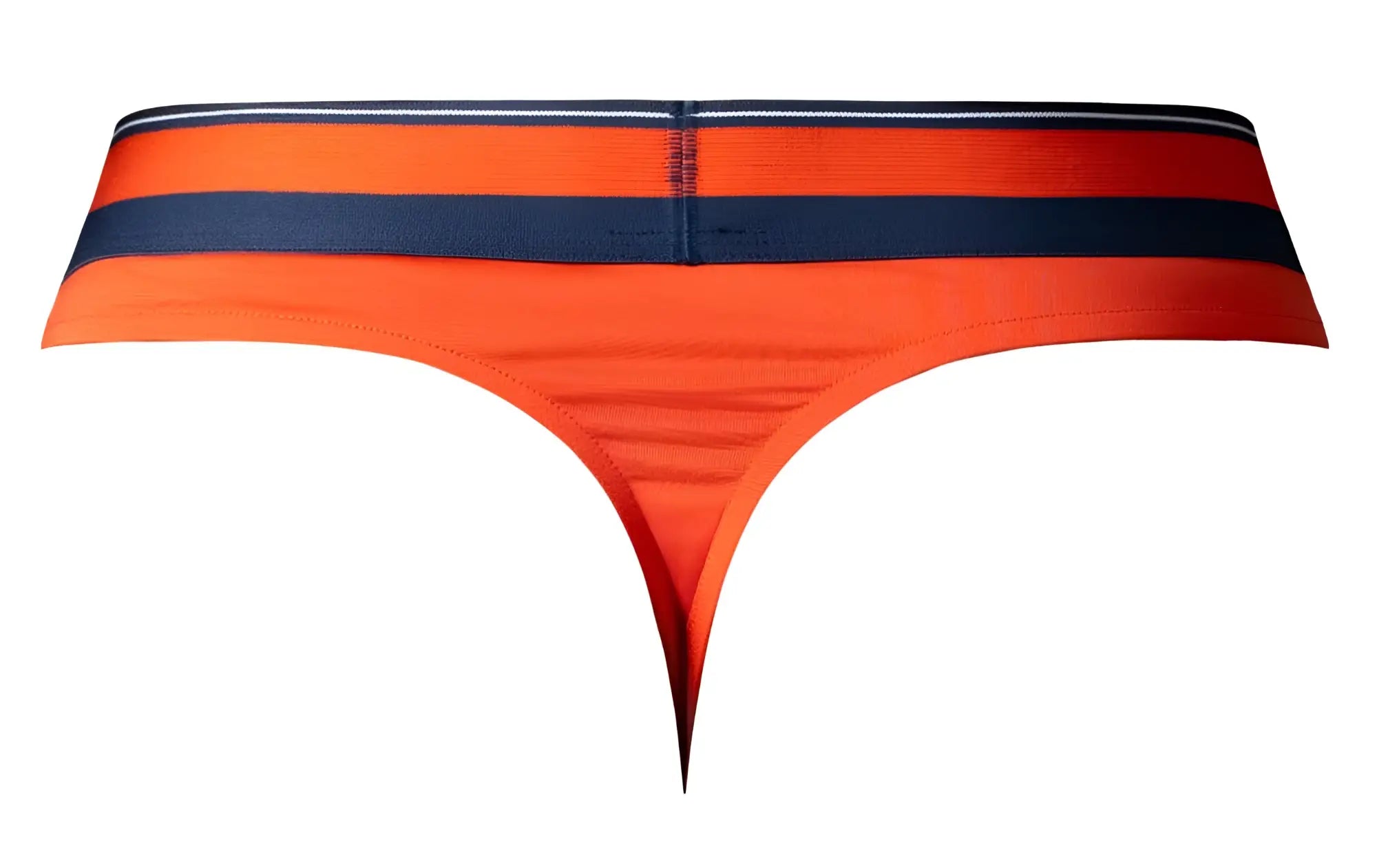 Male power 412-299 soo cumfy orange thong with navy blue and white striped waistband front view