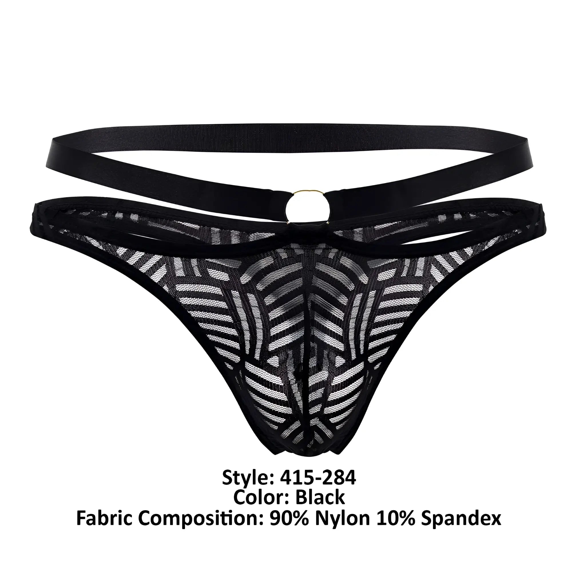 Male power 415-284 rude awakening black lace thong with geometric pattern and double-strap design front view