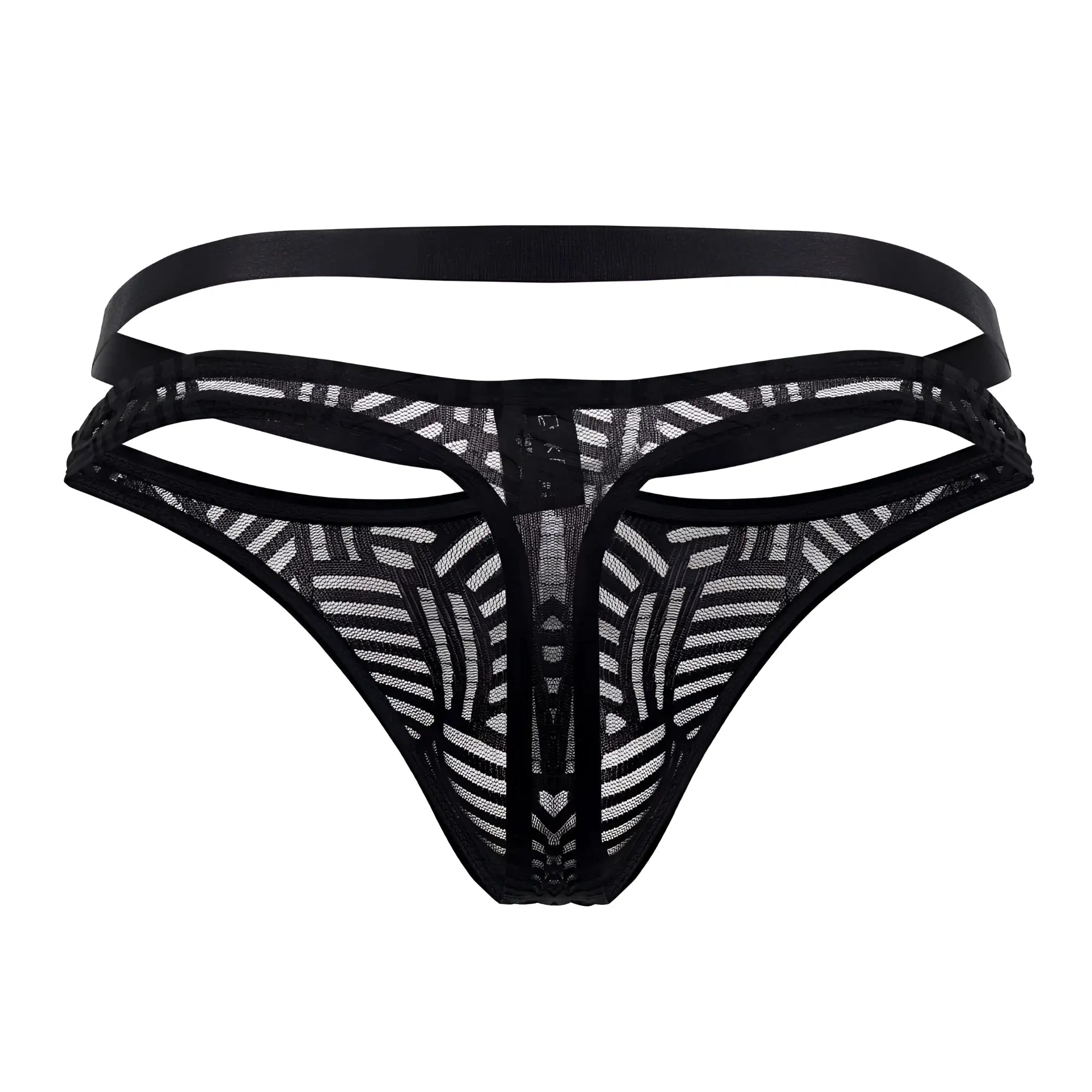 Male power 415-284 rude awakening black lace thong with geometric pattern and multiple elastic straps front view