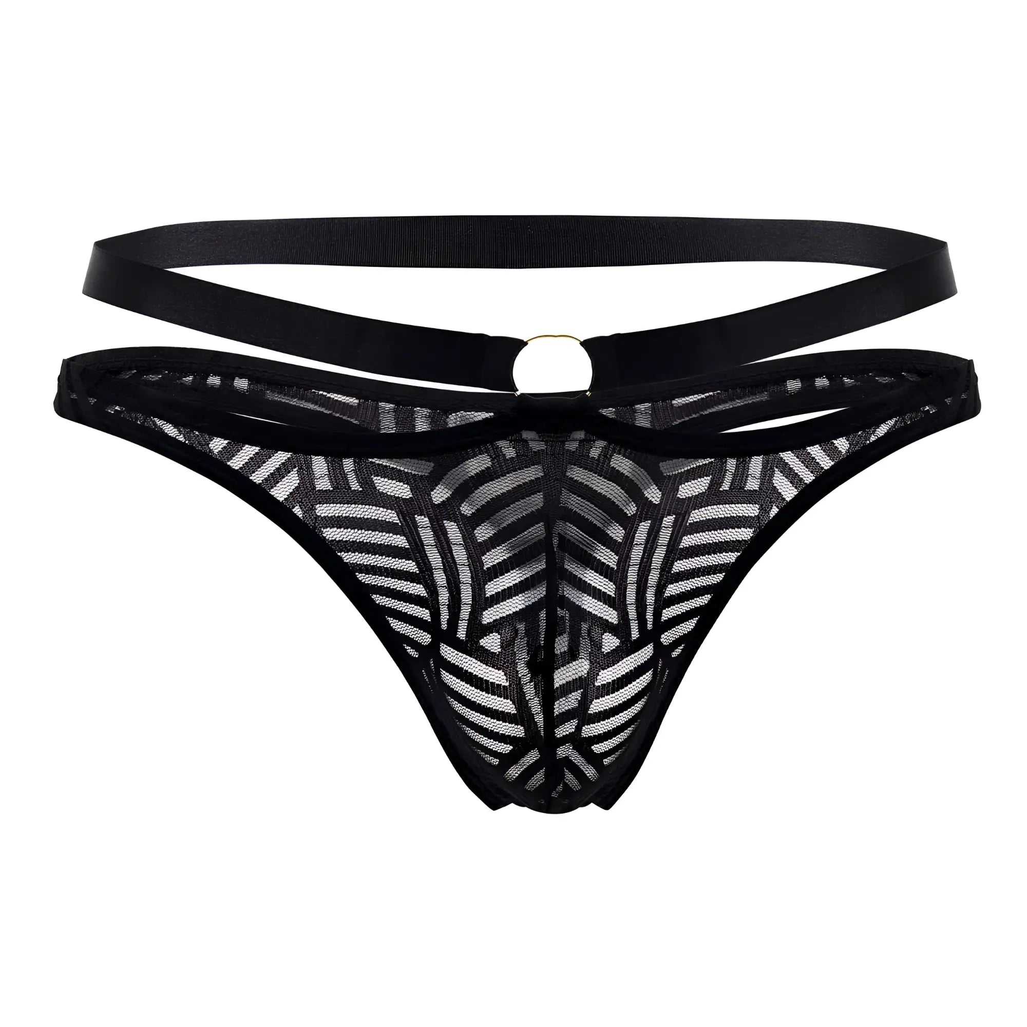Male power 415-284 rude awakening strap thong in black with black lace geometric pattern and satin waistband