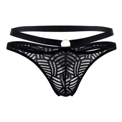 Male power 415-284 rude awakening strap thong in black with black lace geometric pattern and satin waistband