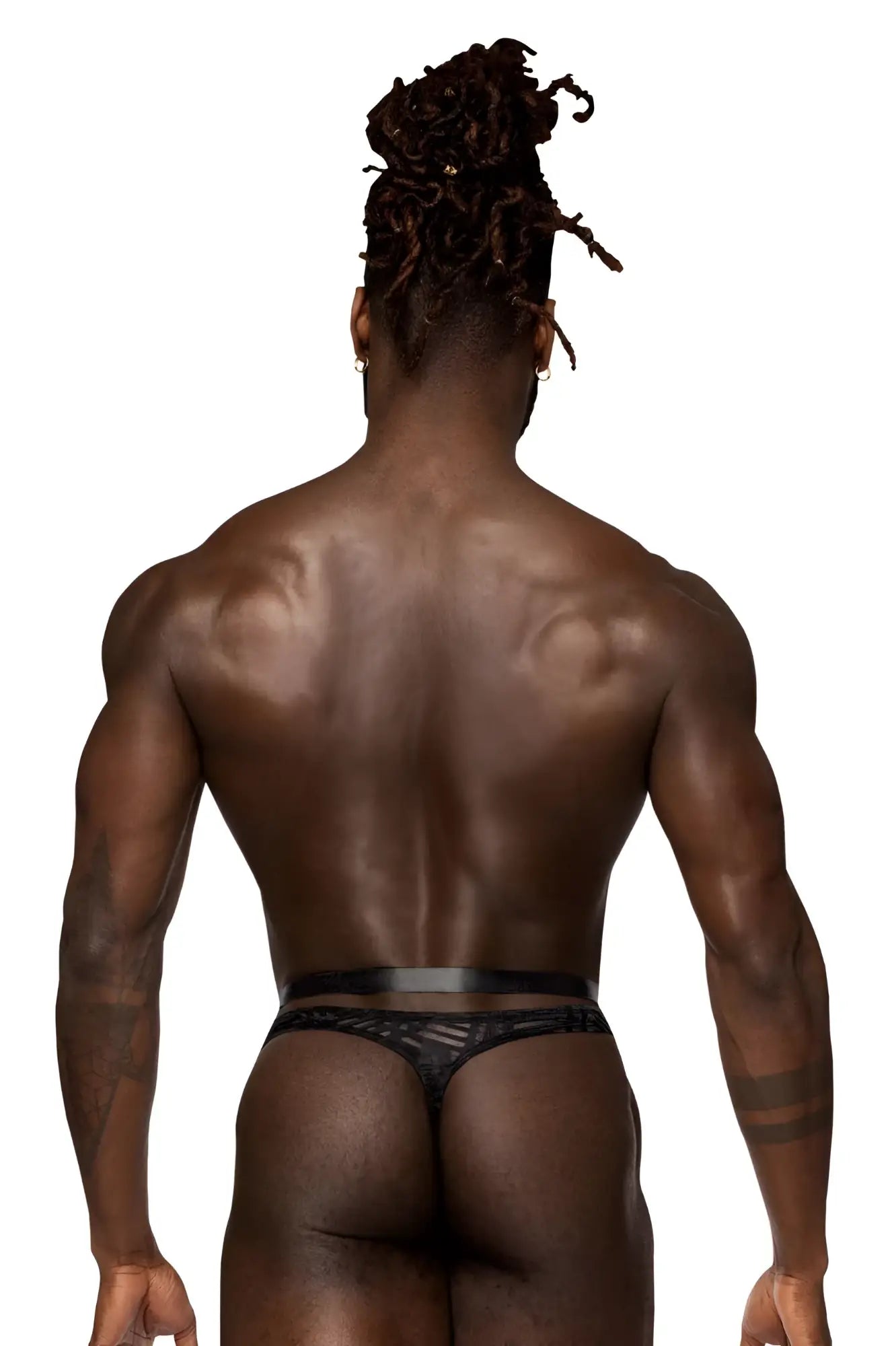 Black lace thong with sleek minimalist design by male power model 415-284 rude awakening strap thong color black