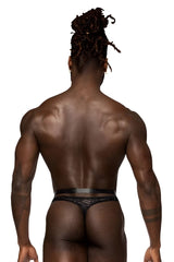 Black lace thong with sleek minimalist design by male power model 415-284 rude awakening strap thong color black