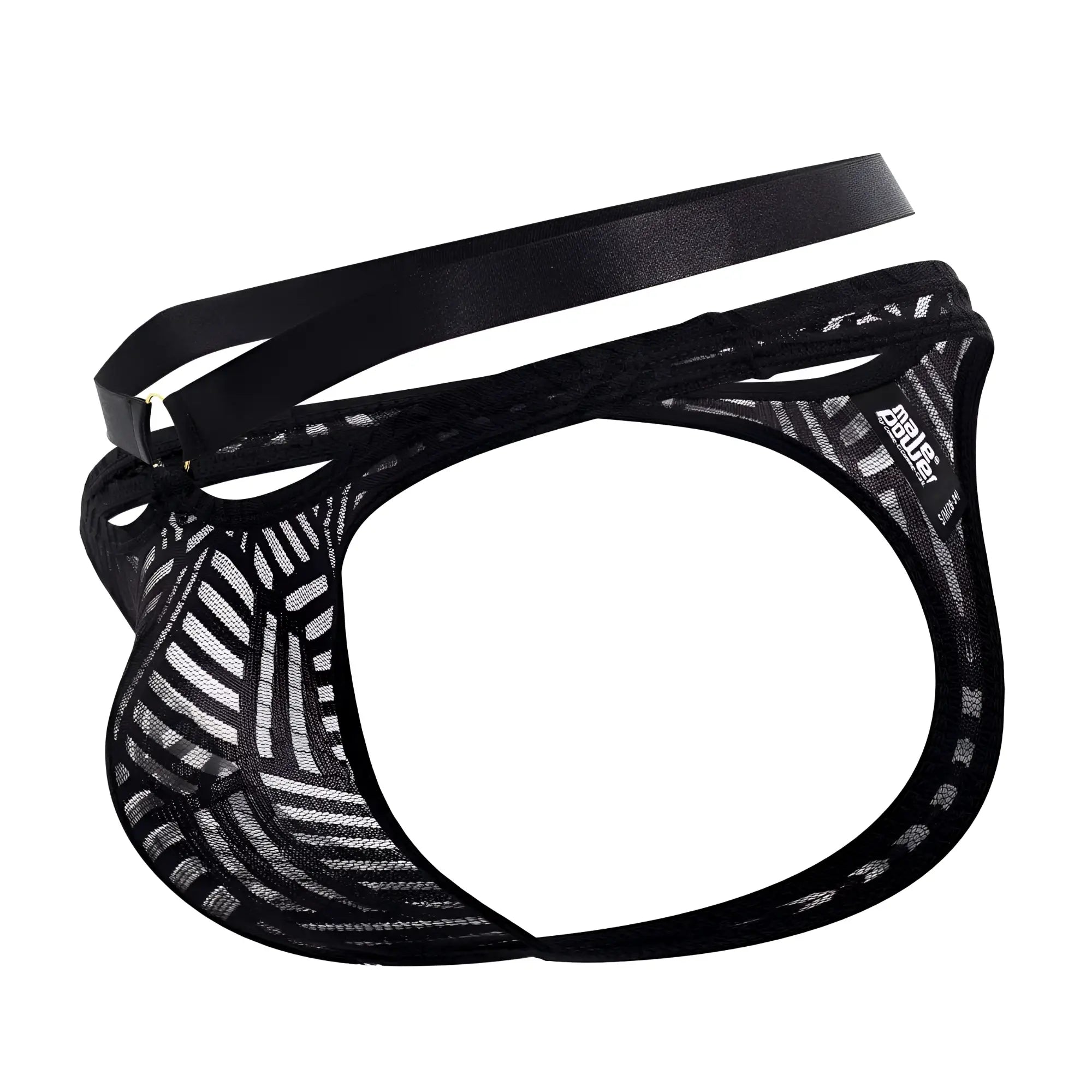 Male power 415-284 rude awakening strap thong in black with black mesh briefs and a satin-like waistband