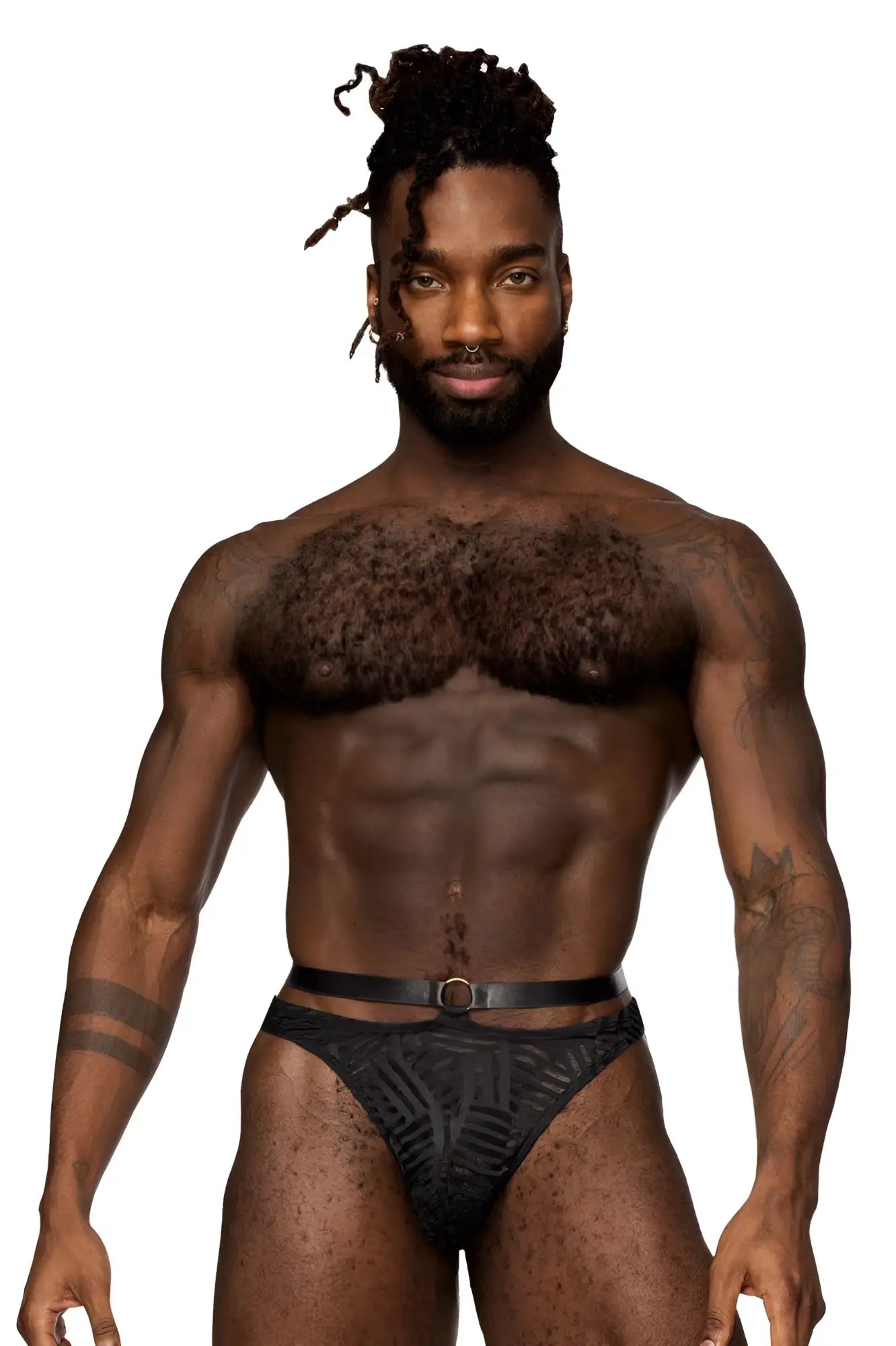 Male power 415-284 rude awakening black patterned briefs with a black belt and silver buckle visible on the back side