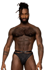 Male power 415-284 rude awakening black patterned briefs with a black belt and silver buckle visible on the back side