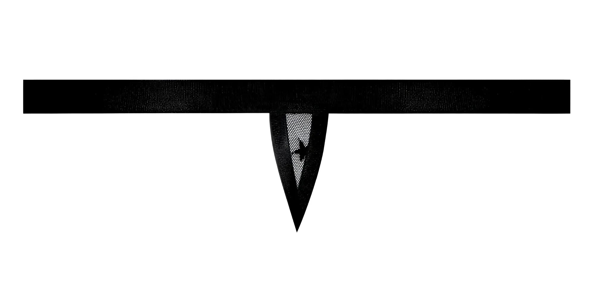 Black mesh choker with triangular embroidered bird pendant paired with male power 416-291 love star black thong