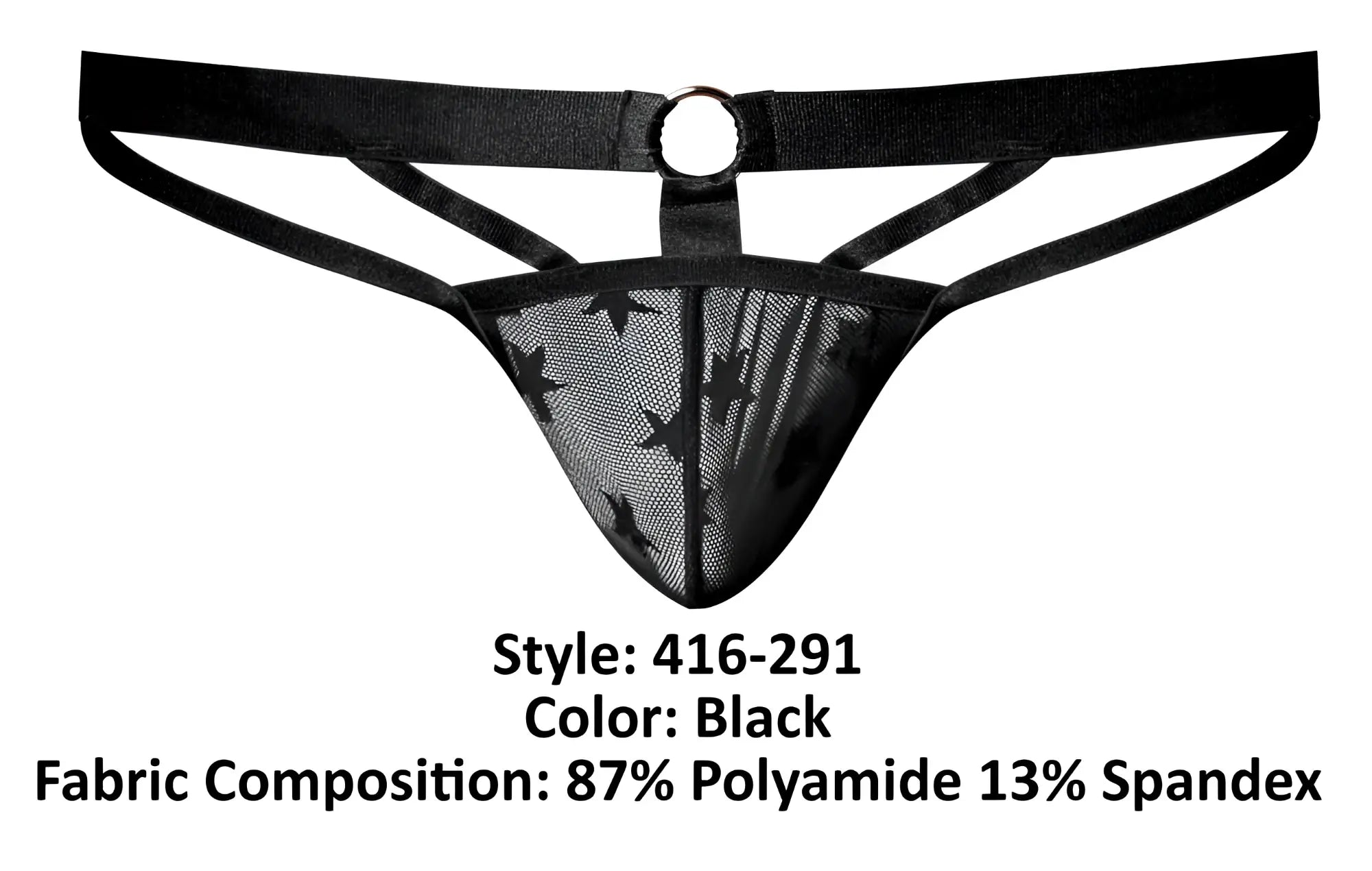 Black male power 416-291 love star thong with star-patterned mesh fabric and adjustable straps