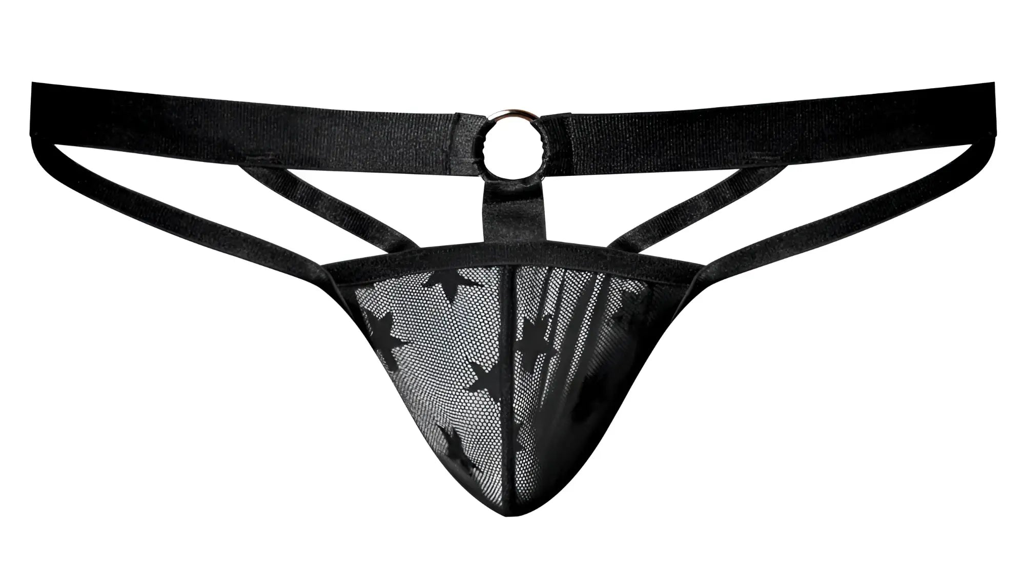 Male power 416-291 love star thong with ring featuring black mesh fabric star pattern and central metal ring