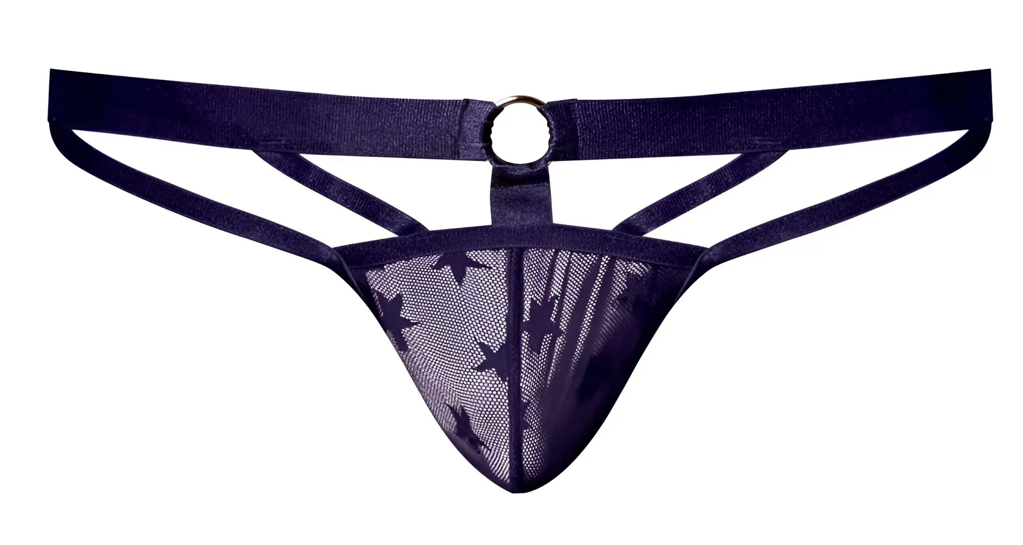 Dark purple male power love star mesh thong with star pattern and circular metal ring shown from the back