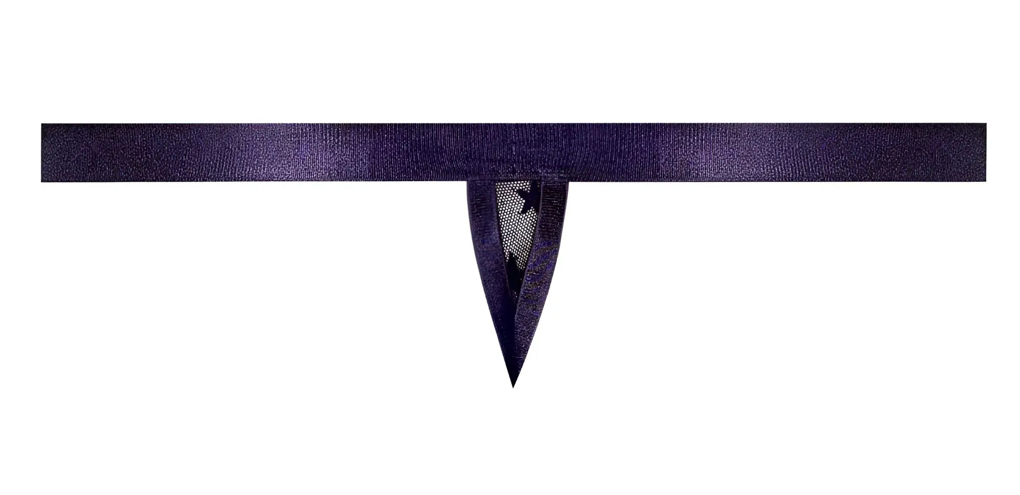 A deep purple satin male power 416-291 love star thong with delicate lace trim at the center and ring detail