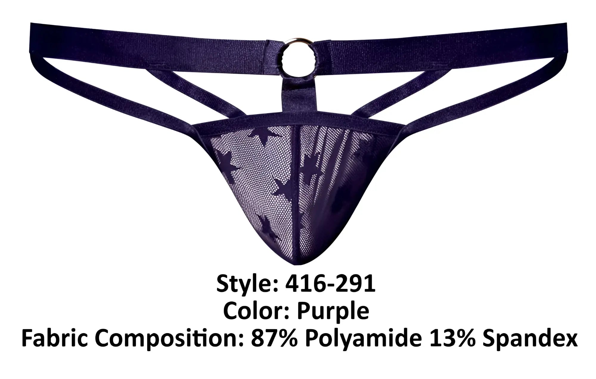 Purple male power 416-291 love star thong with sheer mesh front black star pattern navy waistband and metal ring
