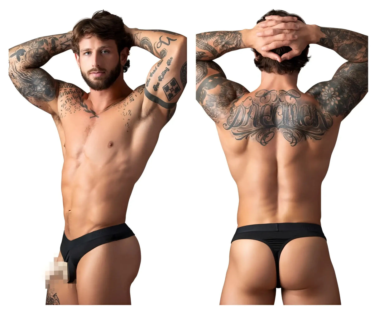Black male power 417-304 open ended thong with elastic cock ring showing front side details