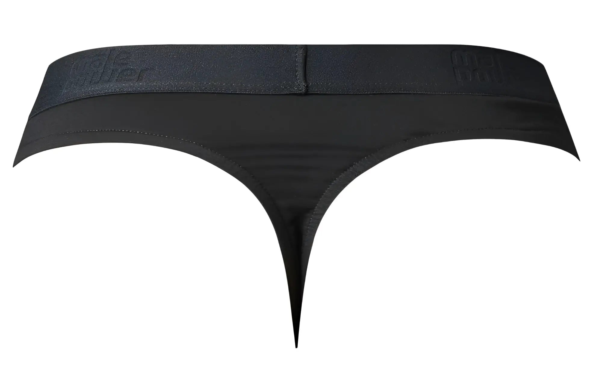 Male power 417-304 open ended thong in black with smooth stretchy fabric elastic waistband and embossed branding
