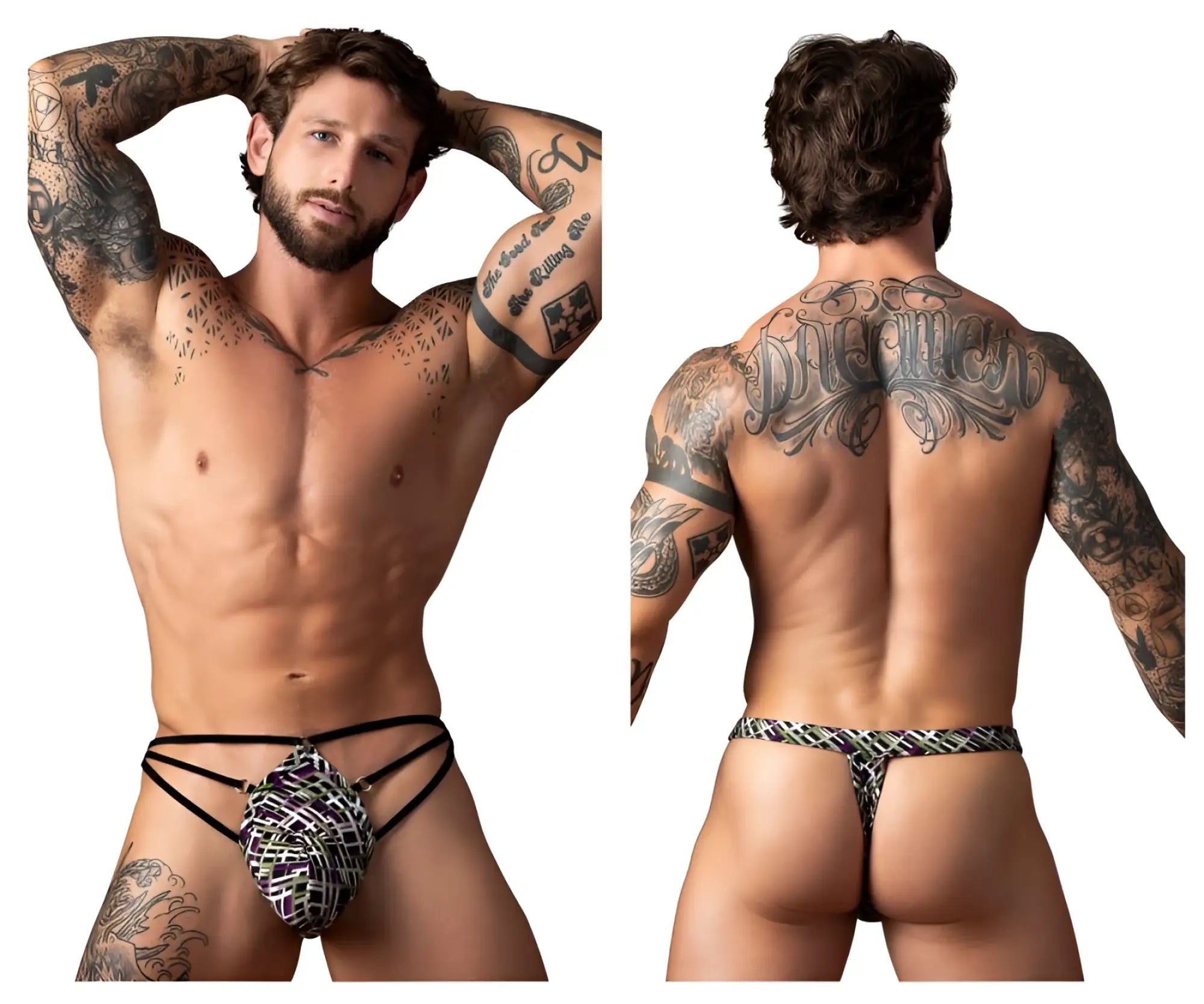Black and white patterned male power 419-303 gridlocked thong with textured woven design and straps with rings