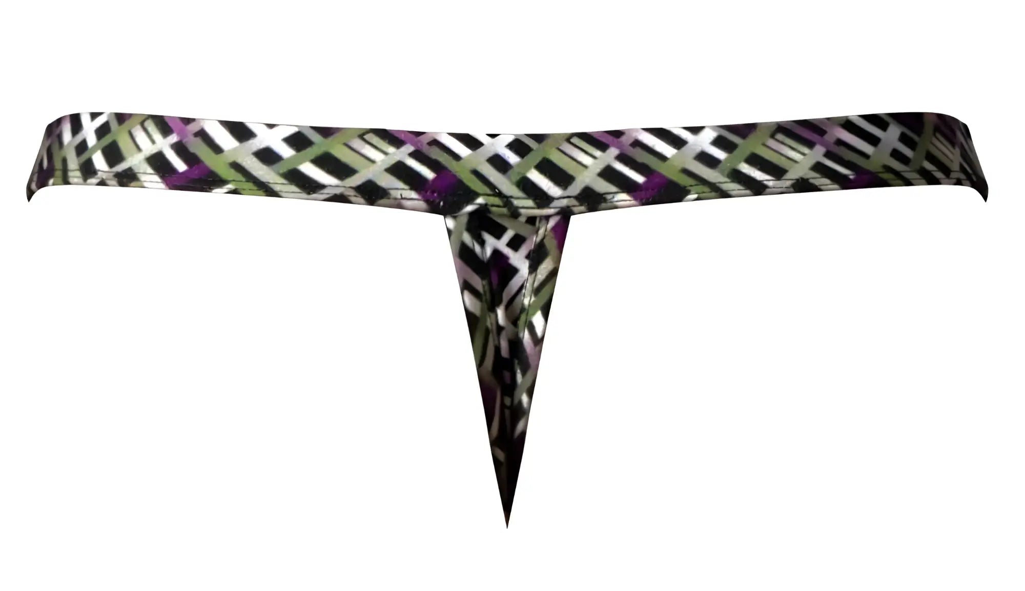 Male power 419-303 gridlocked thong straps-rings color printed black white and purple geometric pattern with triangular cutout
