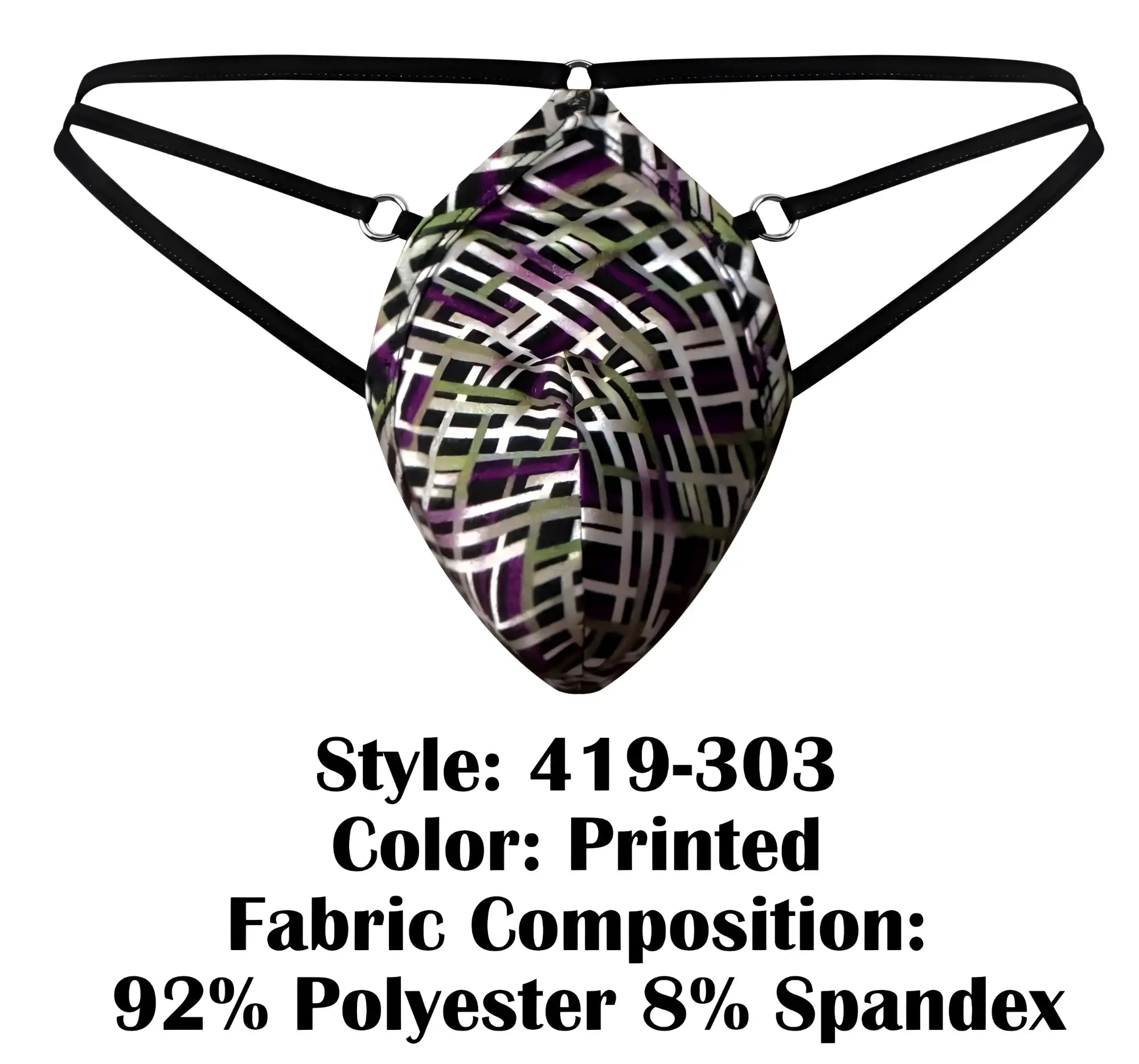 Male Power 419 303 gridlocked geometric printed men’s brief with black thong straps made of polyester spandex blend