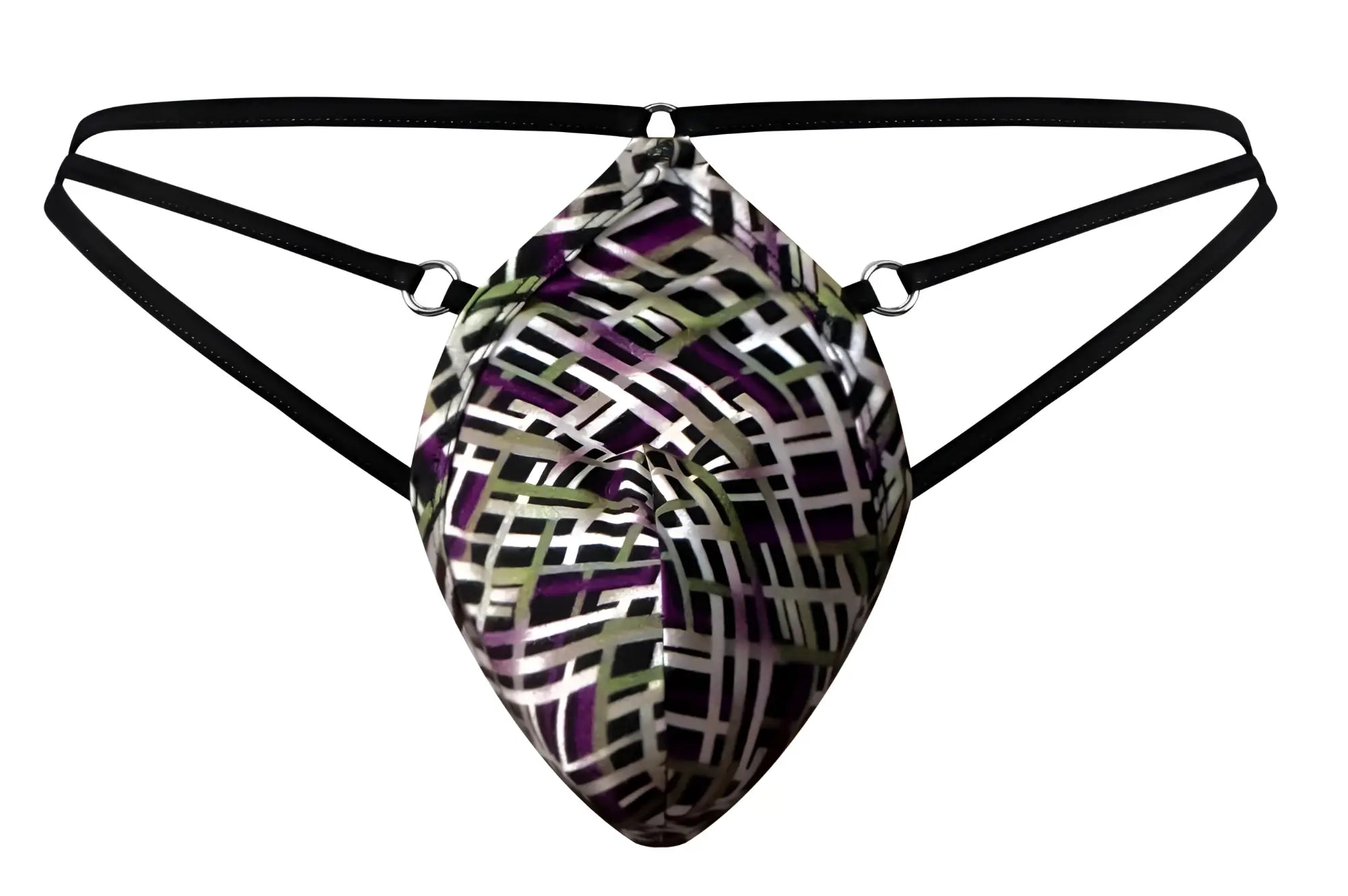 Male power 419-303 gridlocked thong straps rings color printed sleek men’s thong with geometric black white purple olive pattern