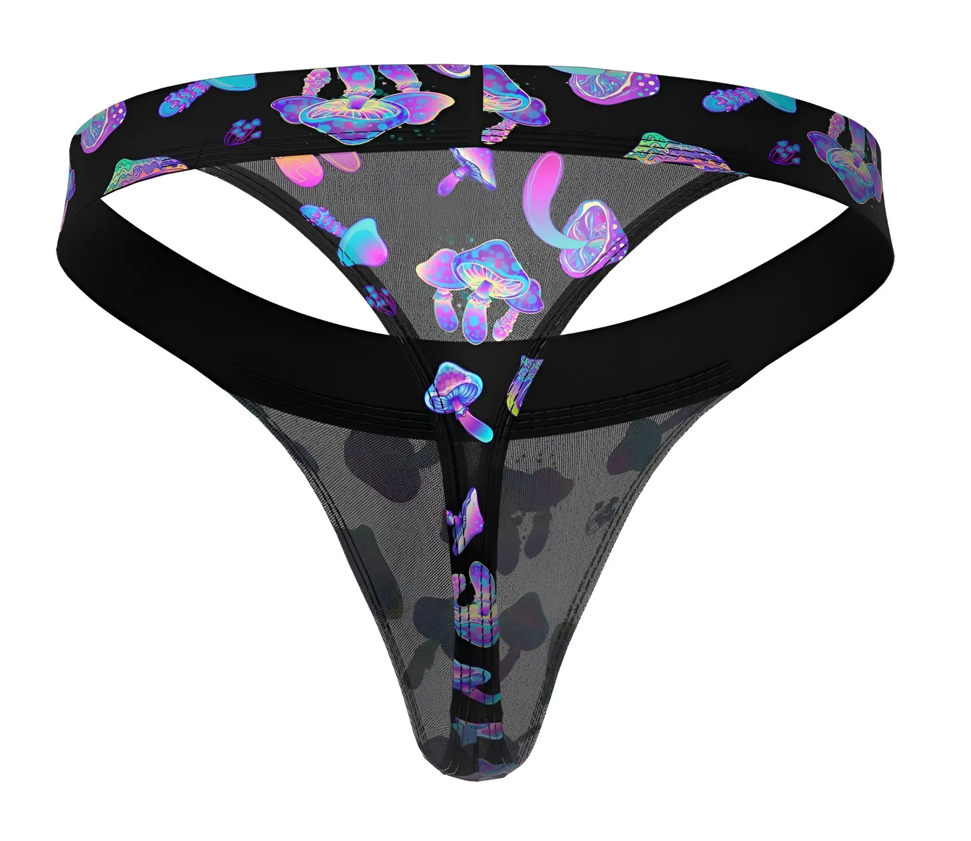 Male power 433-294 hazy dayz micro thong in black sheer mesh with iridescent purple and blue mushroom patterns