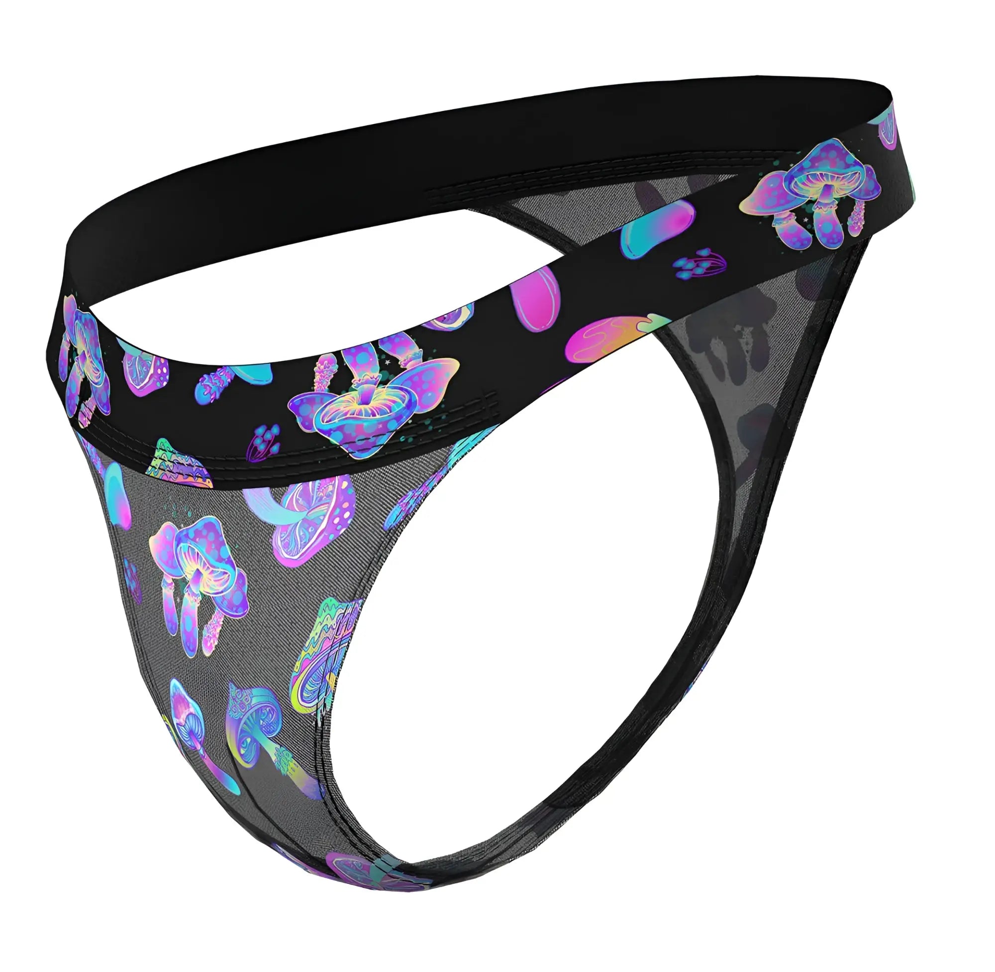 Male power 433-294 hazy dayz black mesh micro thong with vibrant iridescent purple pink and blue mushroom pattern