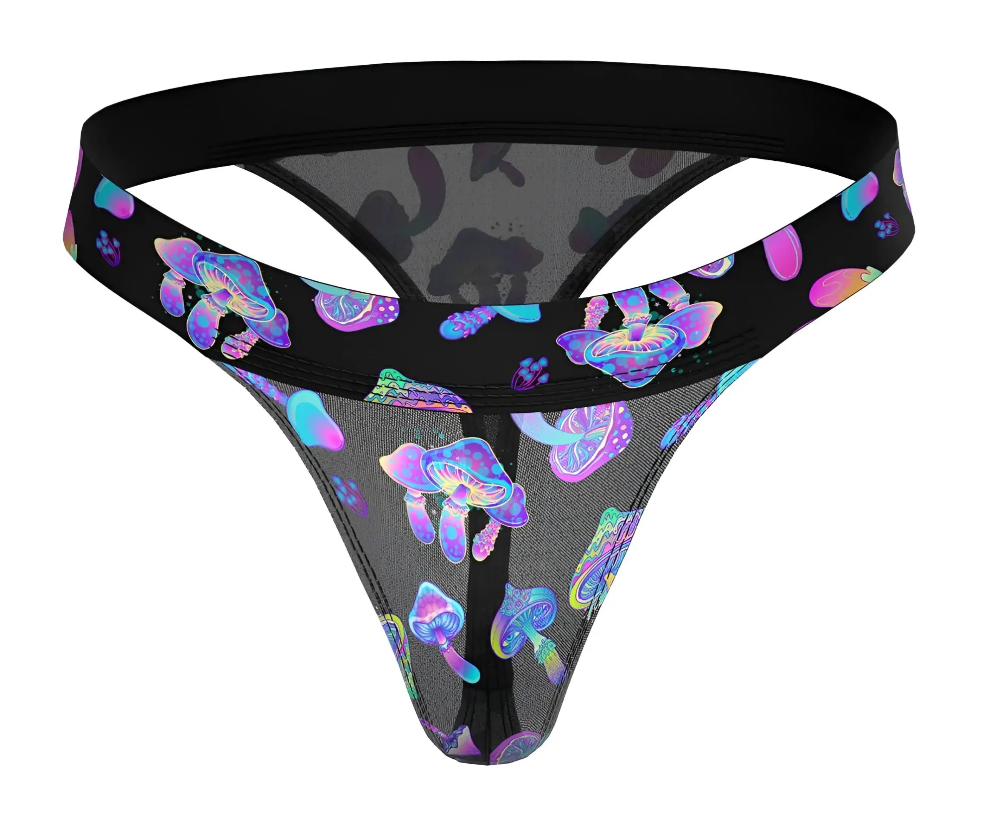 Black mesh male power 433-294 hazy dayz micro thong with vibrant iridescent purple blue and pink mushroom pattern