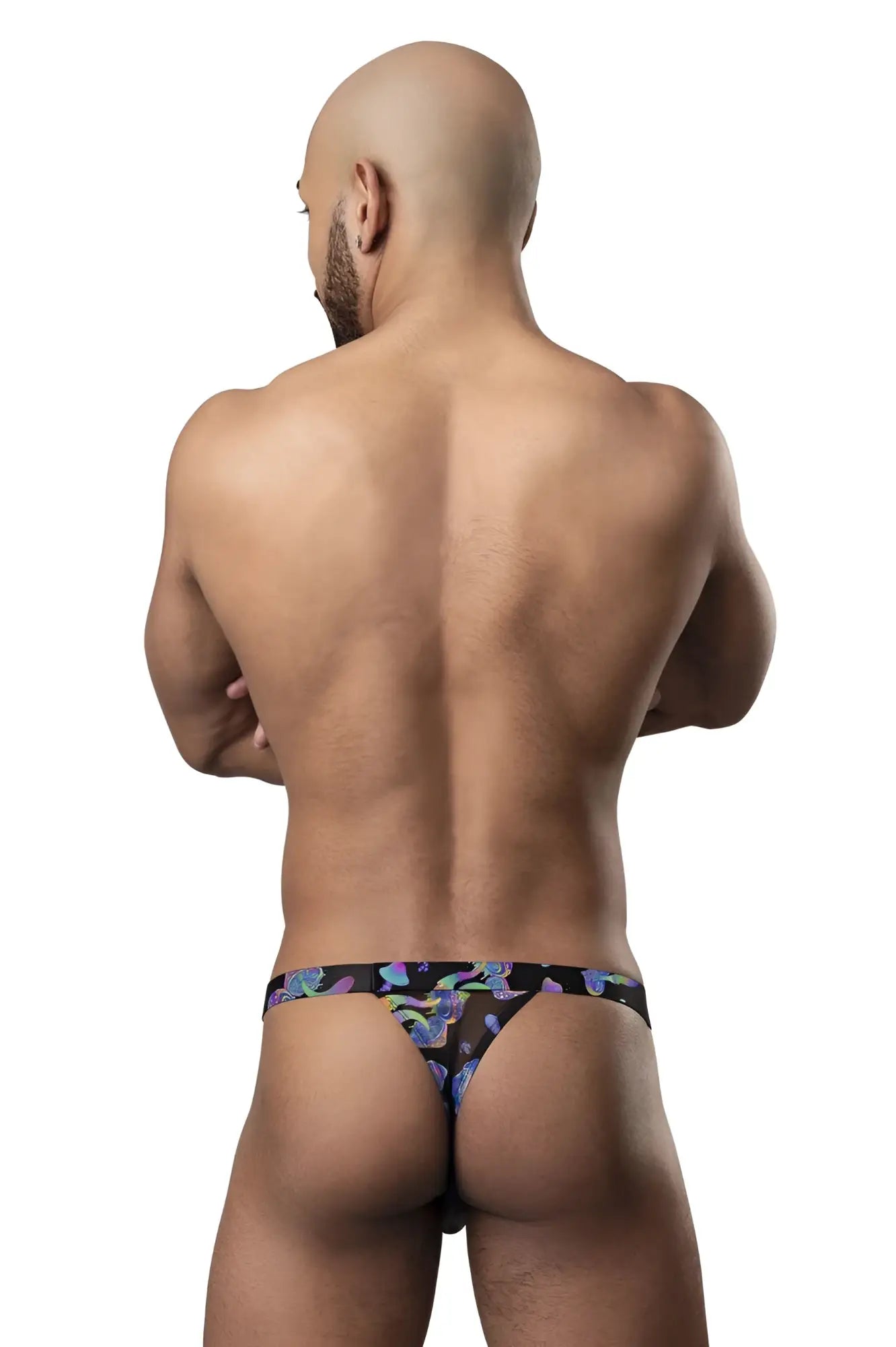Black male power 433-294 hazy dayz micro thong with vibrant purple and blue abstract mushroom pattern visible from back
