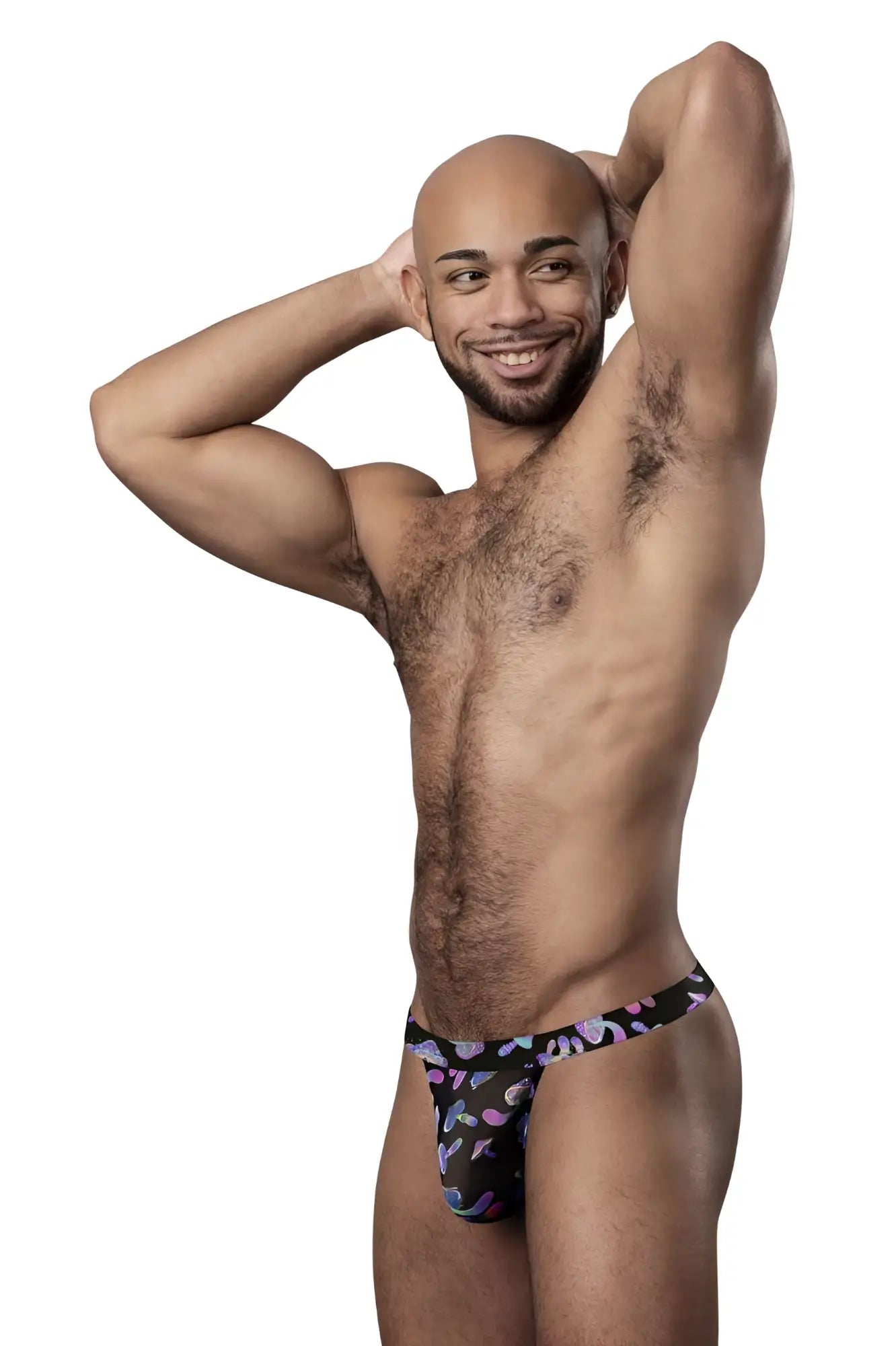 Male power 433-294 hazy dayz micro thong black briefs with vibrant purple pink and blue floral pattern color mushrooms
