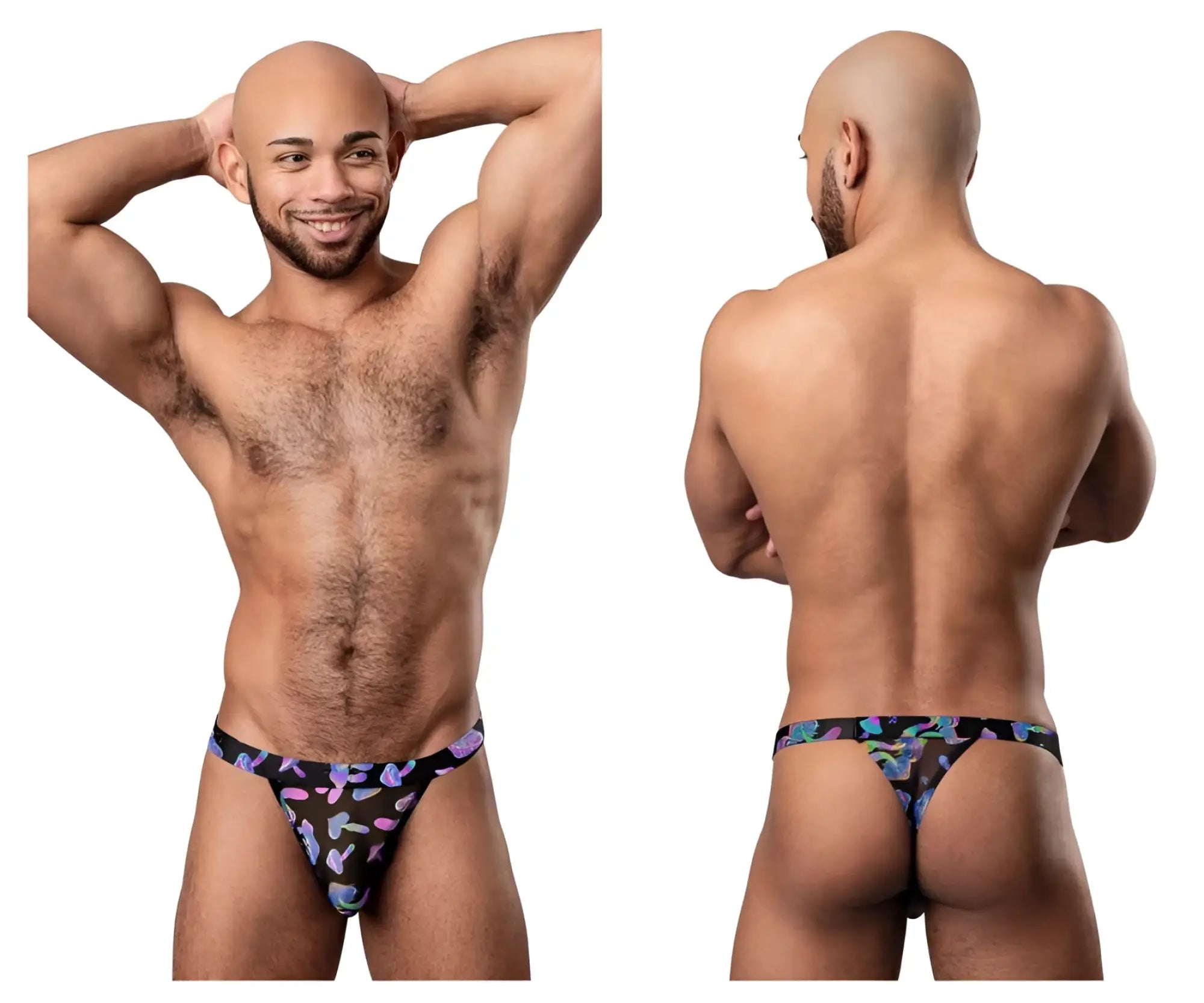 Male power 433-294 hazy dayz micro thong in black with vibrant purple blue and pink butterfly pattern front view