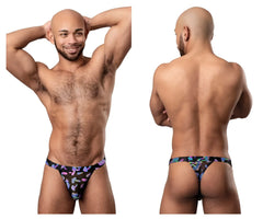 Male power 433-294 hazy dayz micro thong in black with vibrant purple blue and pink butterfly pattern front view