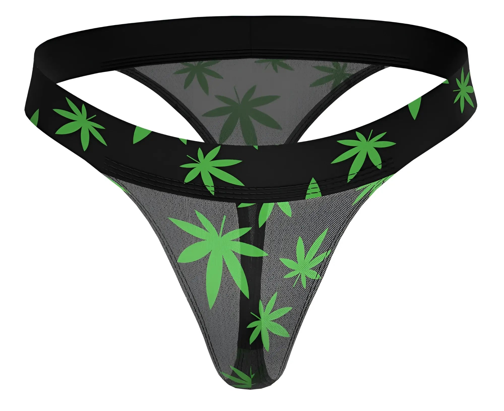 Black male power 433-294 hazy dayz micro thong with gray mesh body and bright green cannabis leaf pattern visible from the back