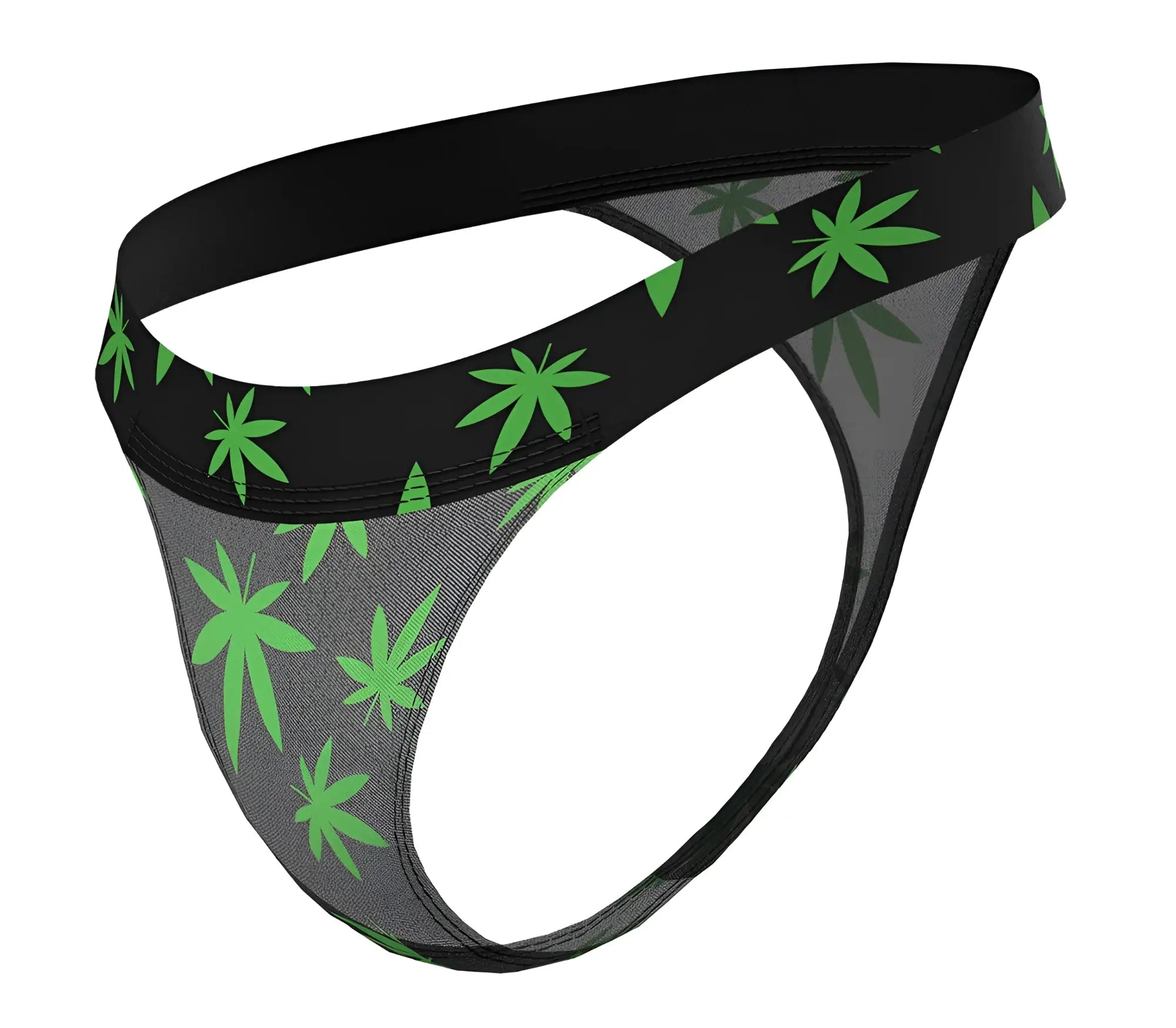 Black and gray mesh male power 433-294 hazy dayz micro thong with bold green cannabis leaf pattern front view