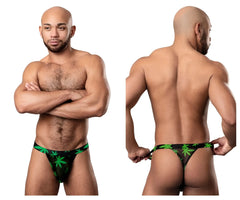 Black male power 433-294 hazy dayz micro thong with green pot leaf pattern front view