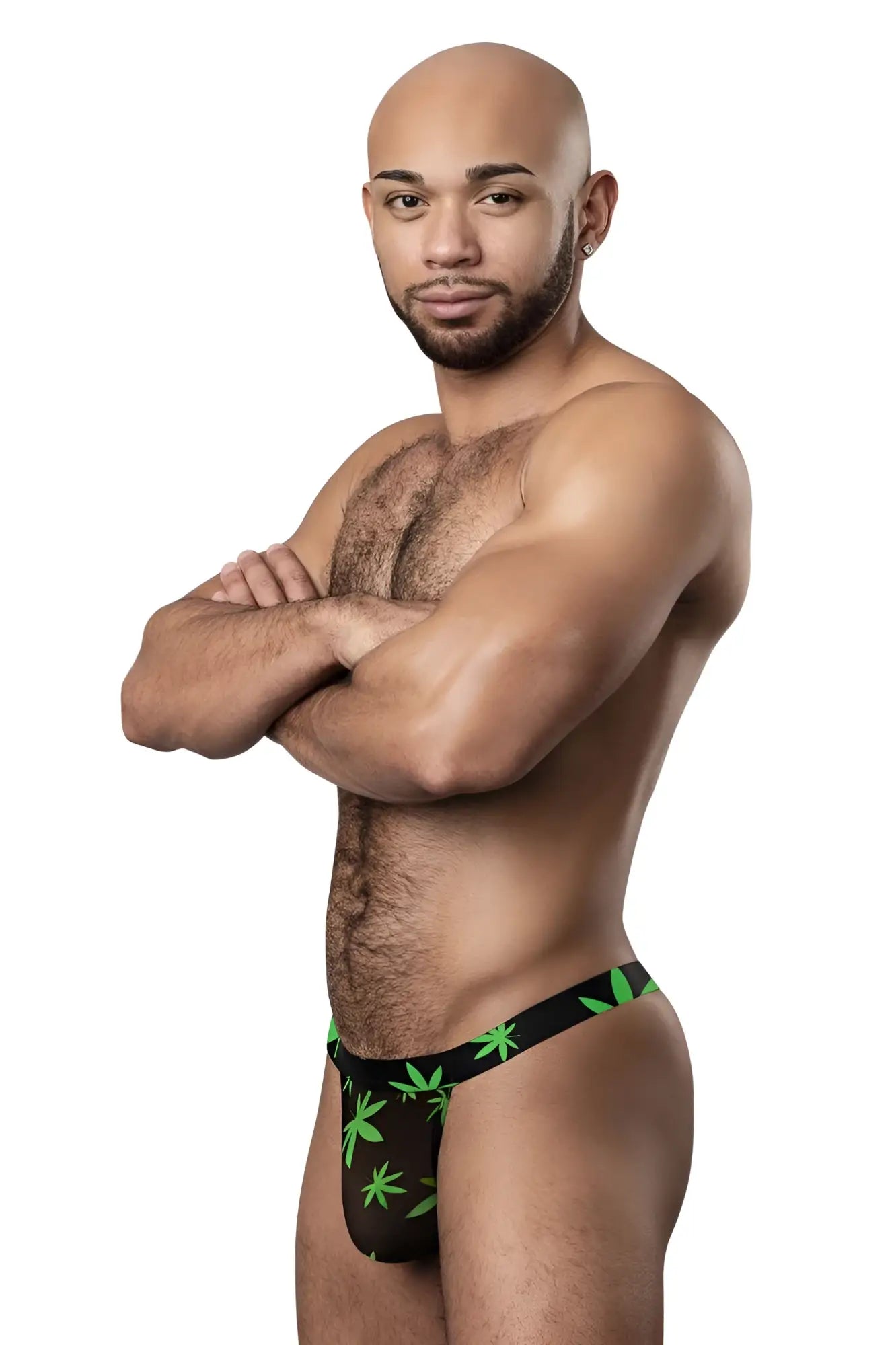 Male power 433-294 hazy dayz micro thong in black with green pot leaf pattern made of soft fabric for men