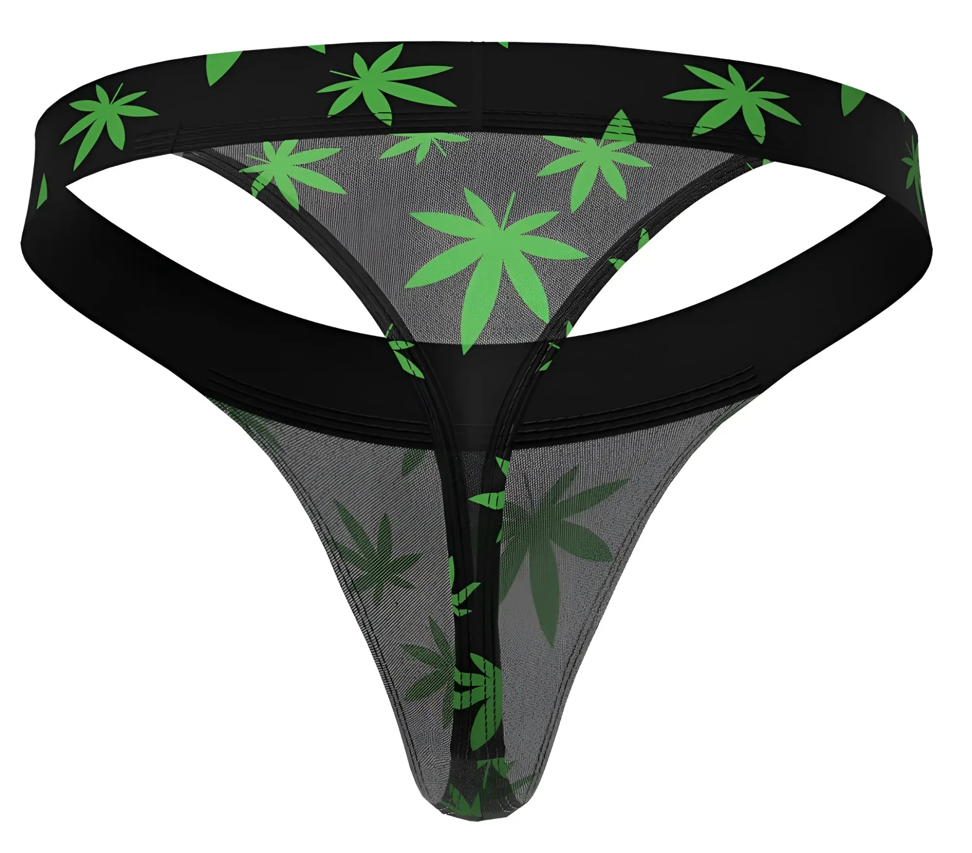 Male power 433-294 hazy dayz micro thong with black and green pot leaf mesh pattern showing back side view