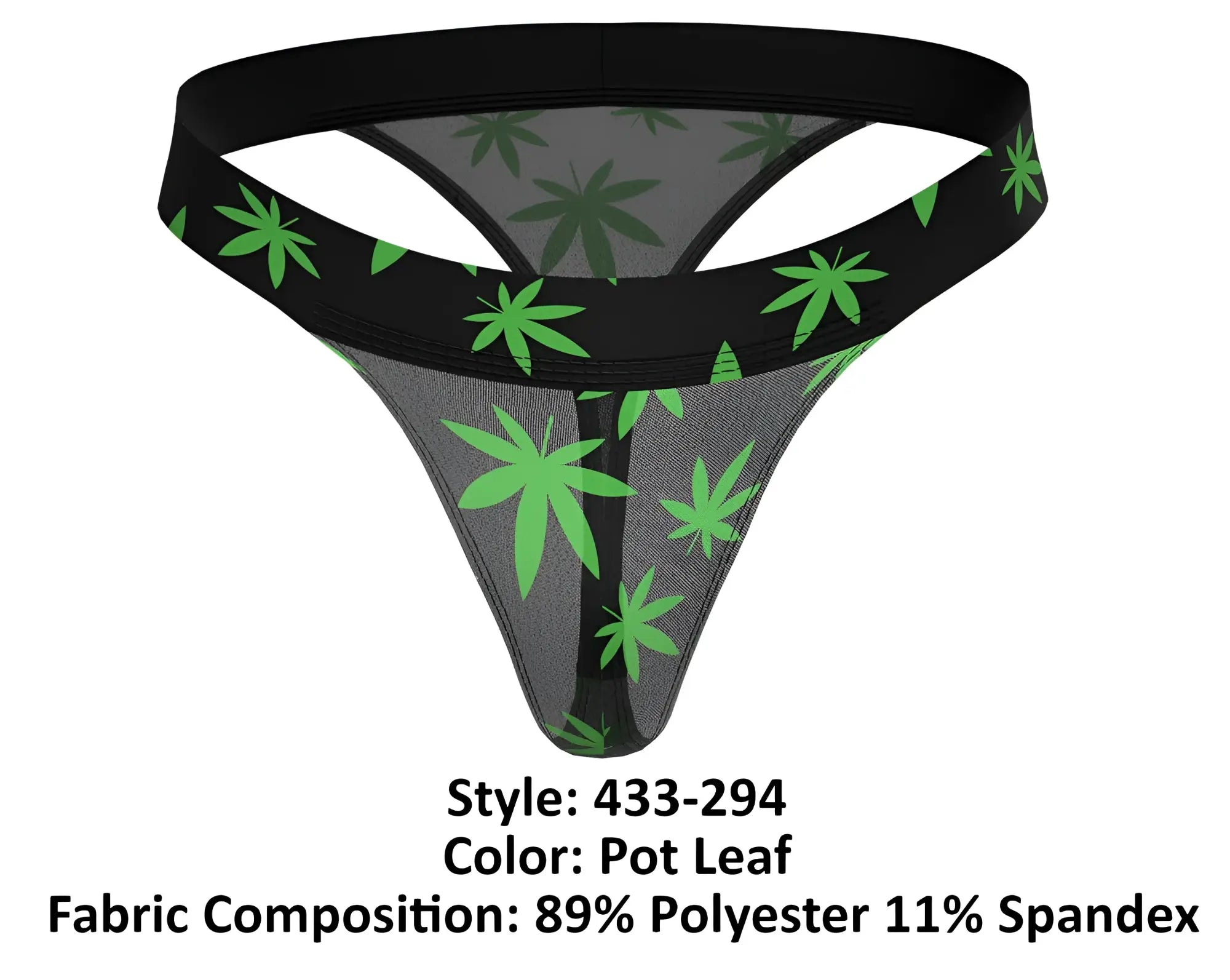 Male power 433-294 hazy dayz micro thong black with sheer gray mesh and vibrant green cannabis leaf pattern front view